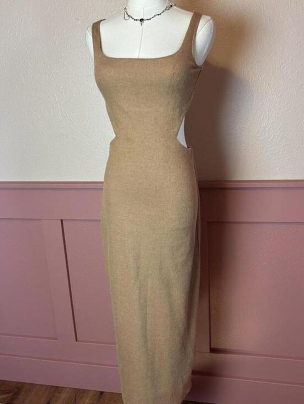 Sabo knit backless tan dress sz small us 4 boho cottage indie party fairy